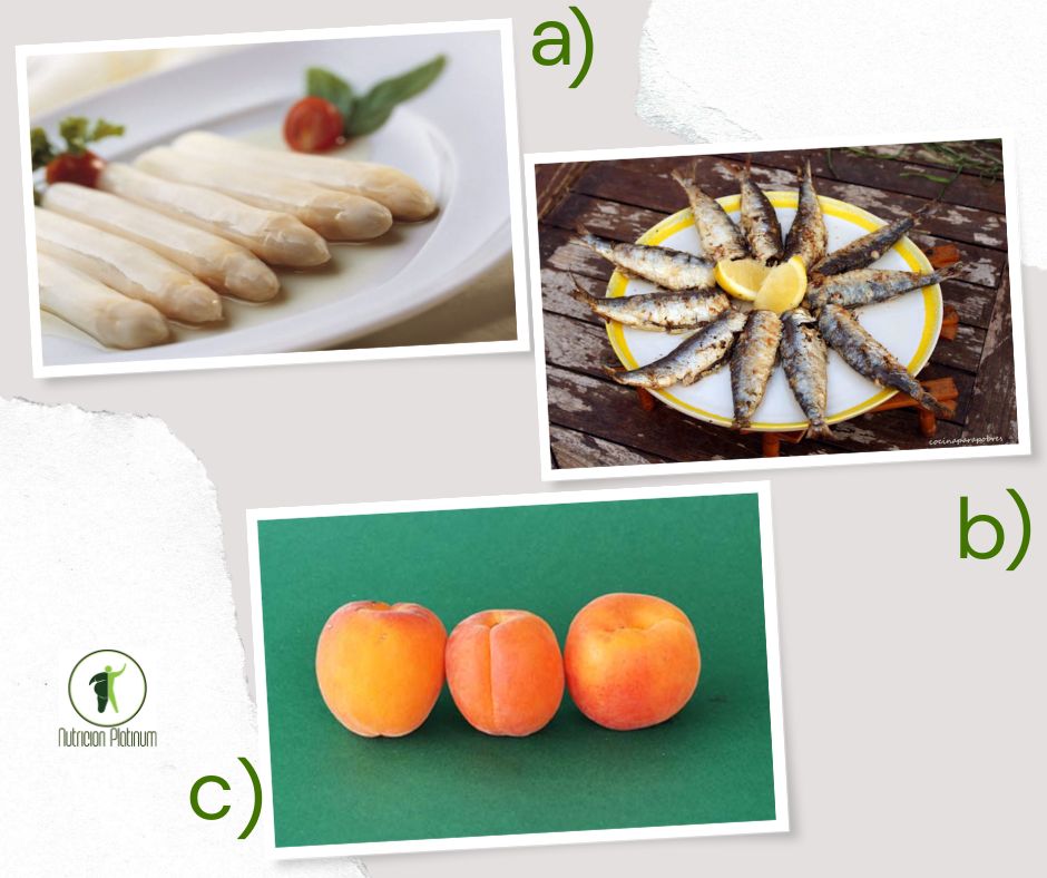 Espárragos en conserva blancos con sardinas a la plancha y albaricoques tamaño puño.